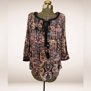 Anthropologie Meadow Rue Paisley Blouse Boho Peasant Top 3/4 Sleeve Tasseled EUC